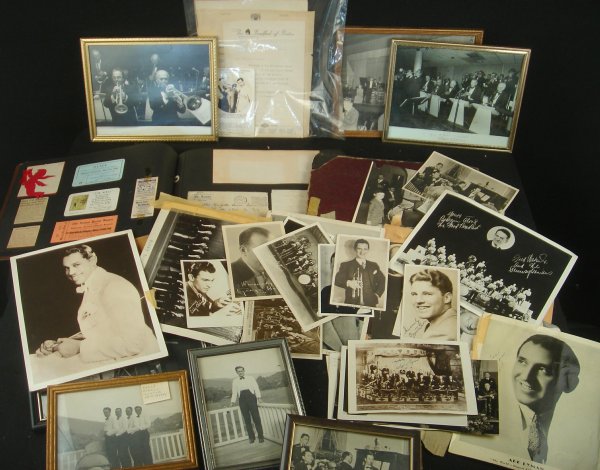 BOX OLD BAND PHOTOGRAPHS AND SCRAPBOOKS CIRCA 1930': BOX OLD BAND PHOTOGRAPHS AND SCRAPBOOKS CIRCA 1930'S AND 40'S FROM TRUMPET PLAYER MAX ADUCHEFSKY ESTATE, HE WAS IN BAND CALLED THE AMBASSADORS, ALSO PHOTOS OF BIG BAND LEADERS, SOME SIGNED