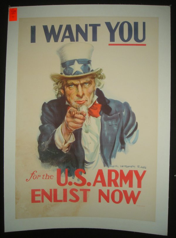 POSTER-WWII UNCLE SAM I WANT YOU POSTER, LINEN BAC: POSTER-WWII UNCLE SAM I WANT YOU POSTER, LINEN BACKED, DATED 1940, LIGHT WATER STAIN BOTTOM LEFT PORTION, ARTIST JAMES MONTGOMERY FLAGG, MEASURES 36" X 25"
