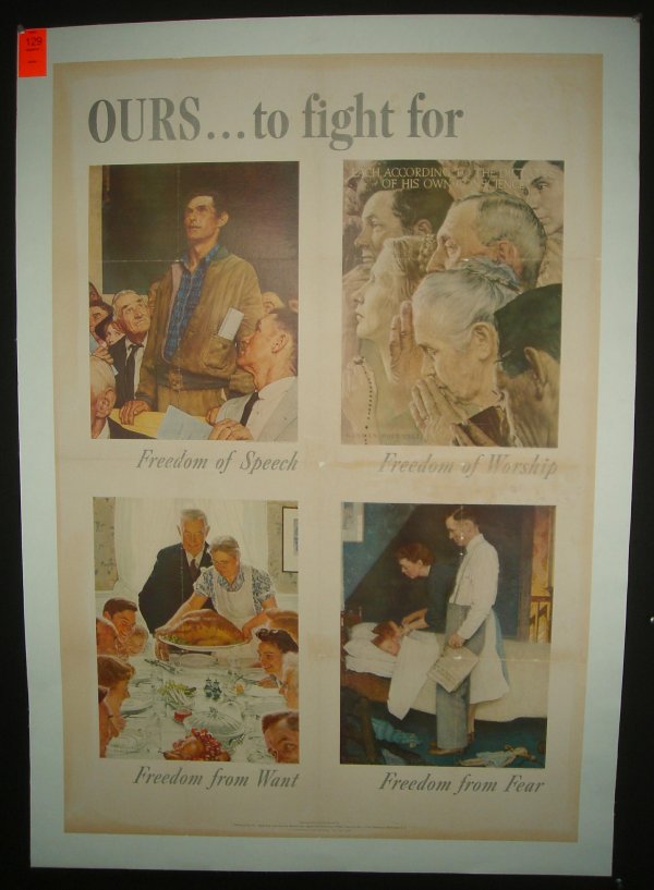 POSTER-NORMAN ROCKWELL WWII SHOWING ALL 4 POSTERS,: POSTER-NORMAN ROCKWELL WWII SHOWING ALL 4 POSTERS, SEPARATION TEAR IN CENTER, LIGHT STAINING ON BORDER, DATED 1943, MEASURES 40" X 28", LINEN BACKED