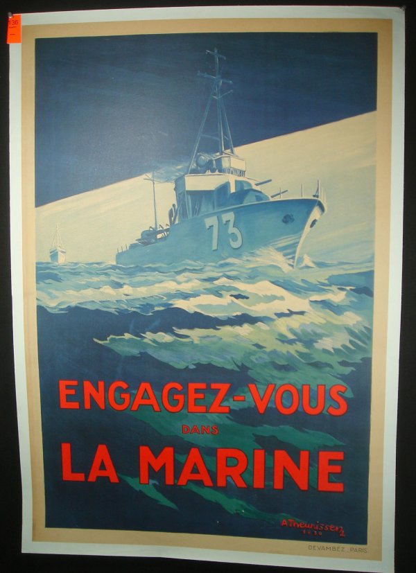 POSTER-FRENCH MARINE POSTER, ENGAGEZ-VOUS DANS LA : POSTER-FRENCH MARINE POSTER, ENGAGEZ-VOUS DANS LA MARINE, LINEN BACKED, ARTIST IS A THEUNISSEN 1930, MEASURES 45" X 31"