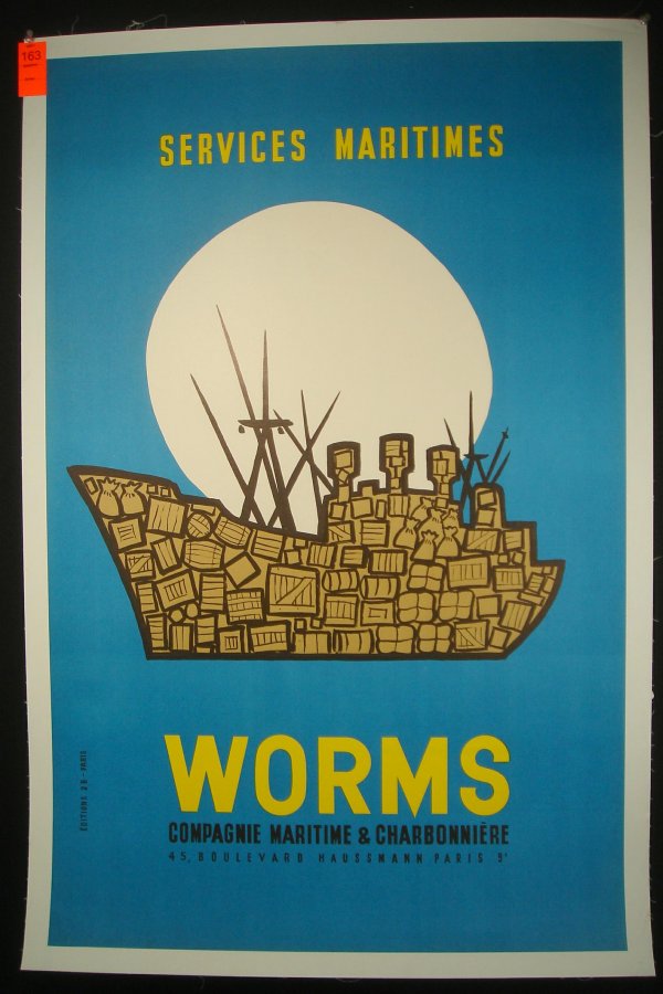 POSTER-FRENCH SERVICES MARITIMES POSTER, WORMS, GO: POSTER-FRENCH SERVICES MARITIMES POSTER, WORMS, GOOD CONDITION, LINEN BACKED, MEASURES 39" X 25"