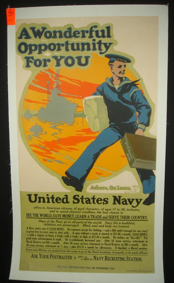 POSTER-WWI NAVY POSTER, A WONDERFUL OPPORTUNITY FO: POSTER-WWI NAVY POSTER, A WONDERFUL OPPORTUNITY FOR YOU, GOOD CONDITION, OLD TAPE MARKS, MEASURES 38" X 21", LINEN BACKED