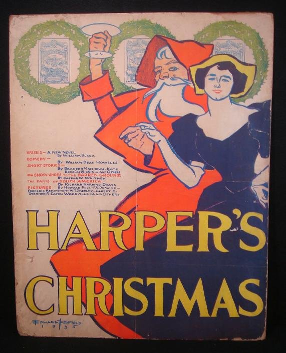 HARPERS CHRISTMAS 1895 E PENFIELD POSTER: HARPERS CHRISTMAS 1895 EDWARD PENFIELD ILLUSTRATED POSTER, ON CARDBOARD. MEASURES 26" X 20". HAS SOME SMALL TEARS, AND INDENTATION ON LOWER RIGHT AND SCUFFS, DOES NOT DETRACT FROM OVERALL IMAGE.