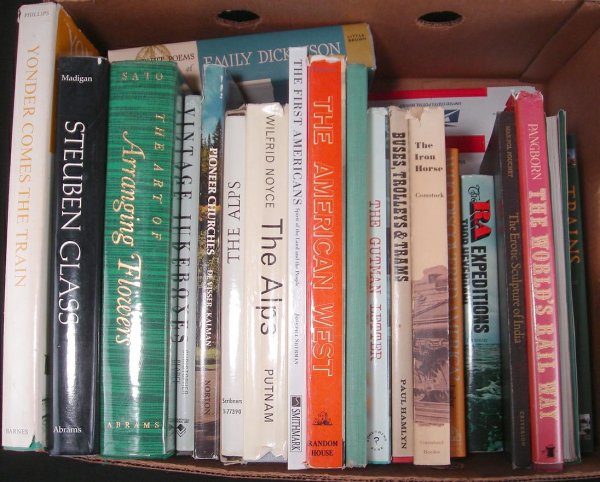 LARGE BOX MISC BOOKS INCLUDING TRAINS, GLASS, CHUR: LARGE BOX MISC BOOKS INCLUDING TRAINS, GLASS, CHURCHES,ETC