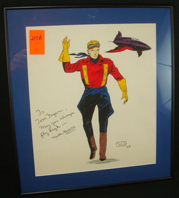 ORIGINAL MARTIN GREIM COMIC ARTWORK WITH MAN AND : ORIGINAL MARTIN GREIM COMIC ARTWORK WITH MAN AND SPACESHIP FLYING OVERHEAD, INSCRIBED TO TOM FAGAN, MAY YOU ALWAYS FLY HIGH, DATED 1968, MEASURES 16" X 14", NICELY FRAMED AND MATTED