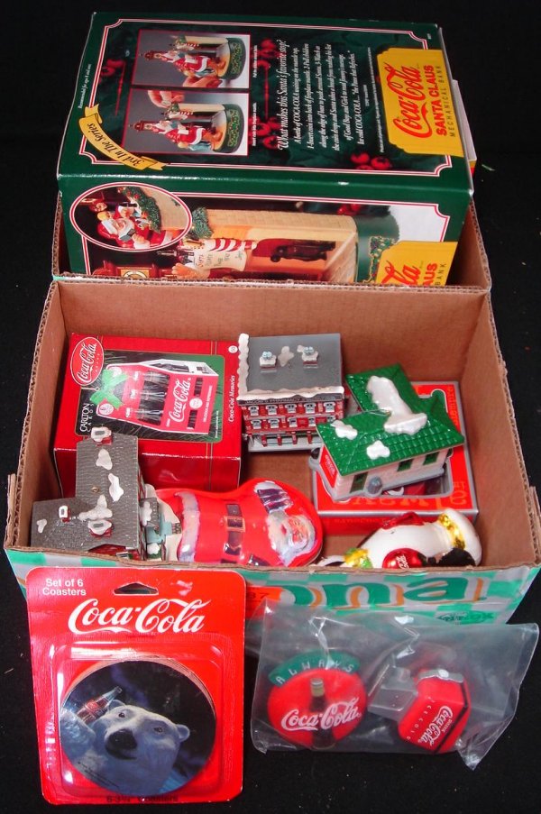 BOX COCA COLA MERCHANDISE INCLUDING MECHANICAL BAN: BOX COCA COLA MERCHANDISE INCLUDING MECHANICAL BANK, CARDS, MAGNETS, ORNAMENTS, COASTERS, ETC