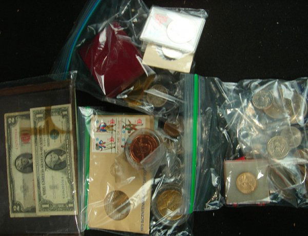 LOT OF COINS AND STAMPS, INCLUDING FIRST DAY ISSUE: LOT OF COINS AND STAMPS, INCLUDING FIRST DAY ISSUE, 2 DOLLAR BILL, SILVER CERTIFICATE BILL, FOREIGN COINS, SOUVENIR COINS, SILVER COINS, ETC