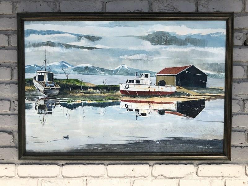 ROBERT EGGERS (1931-2002) O/C LANDSCAPE W/BOATS DOCKED, (1 of 1)