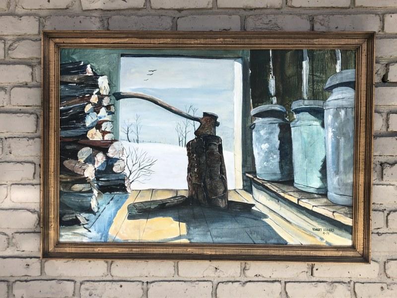 ROBERT EGGERS(1931-2002) O/C WOODSHED W/AXE, LOGS AND: ROBERT EGGERS(1931-2002) O/C WOODSHED W/AXE, LOGS AND MILK CANS, DATED 4/74, PAINTING MEASURES 26" X 37", GOOD ESTATE CONDITION, FROM ELLENVILLE NY ESTATE