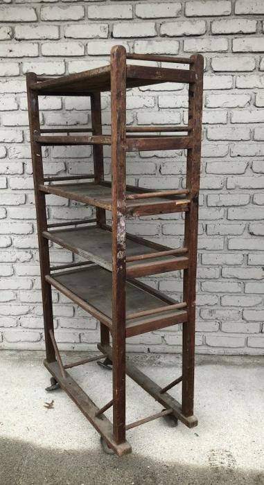 OLD INDUSTRIAL OAK SHELVING RACK ON WHEELS, FROM (1 of 2)