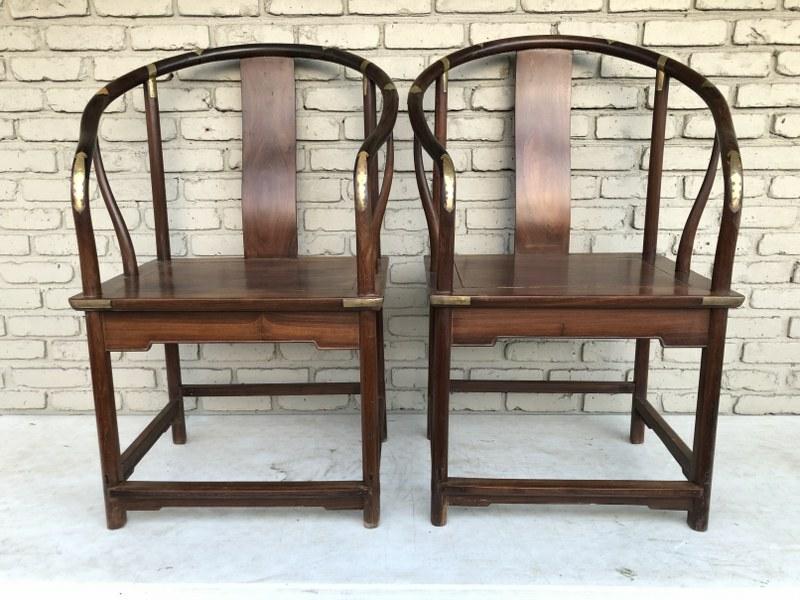 OLDER PAIR OF ASIAN ARMCHAIRS W/BRASS STRAP (1 of 3)