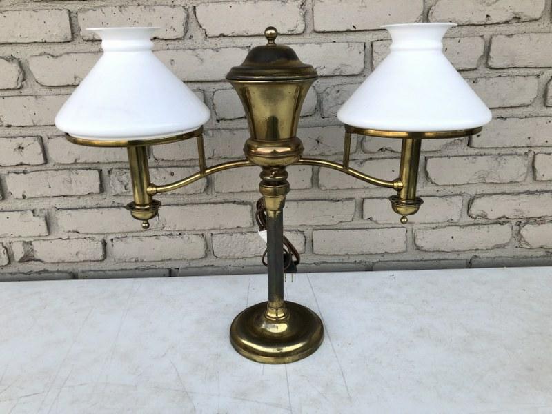 BRASS DOUBLE STUDENT LAMP W/WHITE SHADES, GOOD OVERALL (1 of 2)