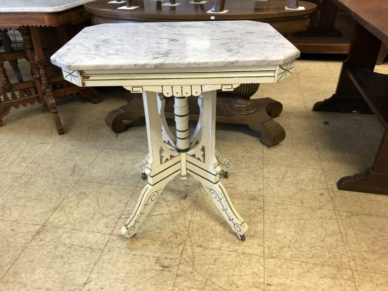 EASTLAKE MARBLE TOP TABLE PAINTED WHITE, GOOD (1 of 3)