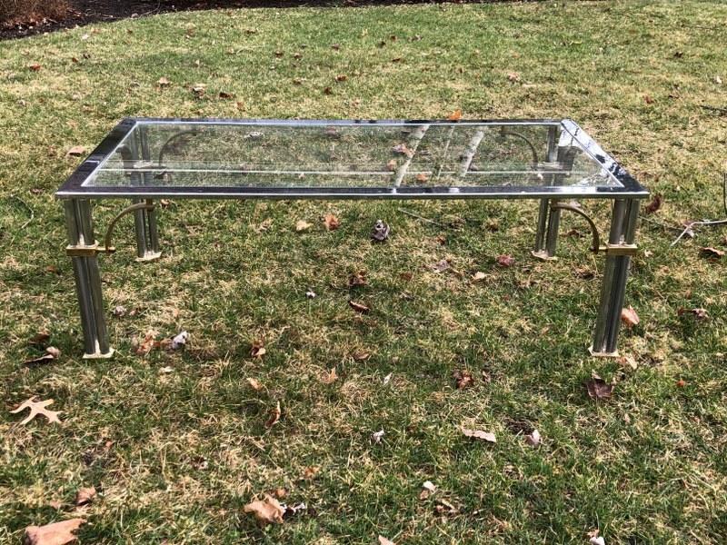 MID CENTURY CHROME & BRASS COFFEE TABLE W/COLUMN LEGS, (1 of 4)