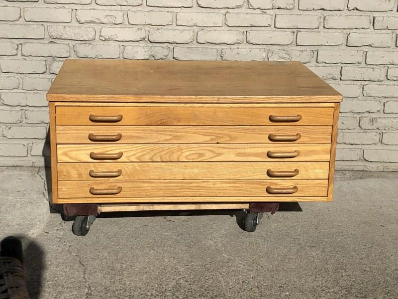 OAK 5 DRAWER CONTEMPORARY FLAT FILE W/WOOD PULLS, (1 of 3)