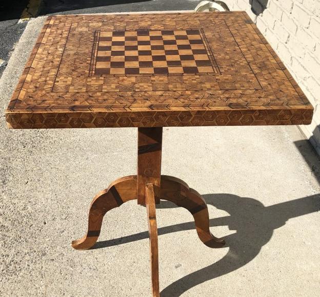 FOLK ART INLAID GAME TABLE, HAS WEAR AND SOME CRACKING (1 of 4)
