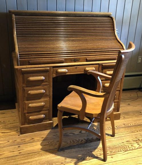CIRCA 1910 OAK ROLL TOP DESK, OLDER REFINISH, (1 of 6)