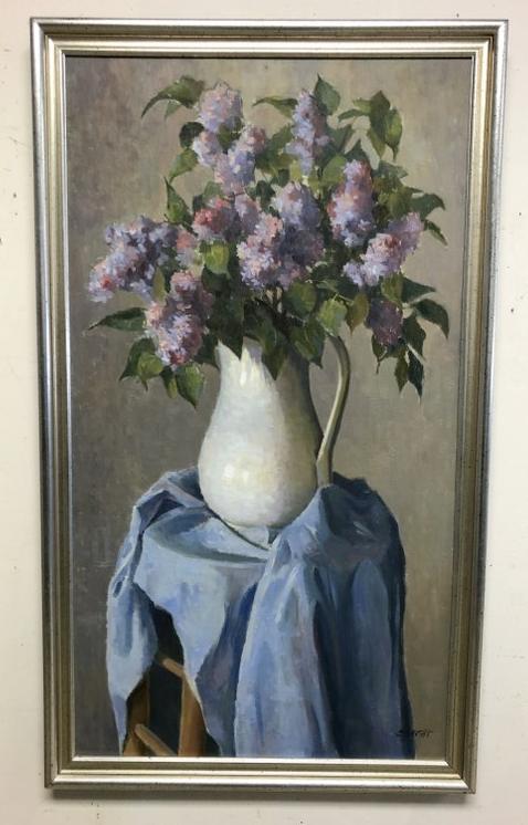 LISA M SPECHT O/C STILL LIFE WITH LILACS IN PITCHER,: LISA M SPECHT O/C STILL LIFE WITH LILACS IN PITCHER, SIGNED LOWER RIGHT, FROM ELLENVILLE, N.Y. ESTATE, SHE ATTENDED ART STUDENTS LEAGUE IN NYC, AND TAUGHT THERE FOR 25 YEARS. PAINTING MEASURES 36" X 2