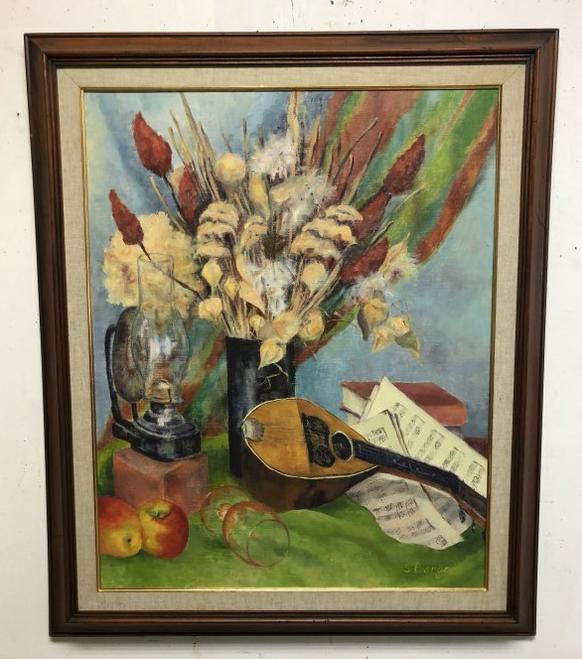 SALLY BERGER (1925-2021) O/C STILL LIFE WITH MANDOLIN, (1 of 2)