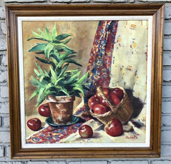 SALLY BERGER (1925-2021) O/C TITLED (ALOE & APPLES),: SALLY BERGER (1925-2021) O/C TITLED (ALOE & APPLES), NICE FRAME, PAINTING MEASURES 24" X 24". HAS INDENTATION ON CANVAS IN THE PLANT. ALL HER PAINTINGS ARE DIRECTLY FROM HER ESTATE HOME, IN ELLENVILLE