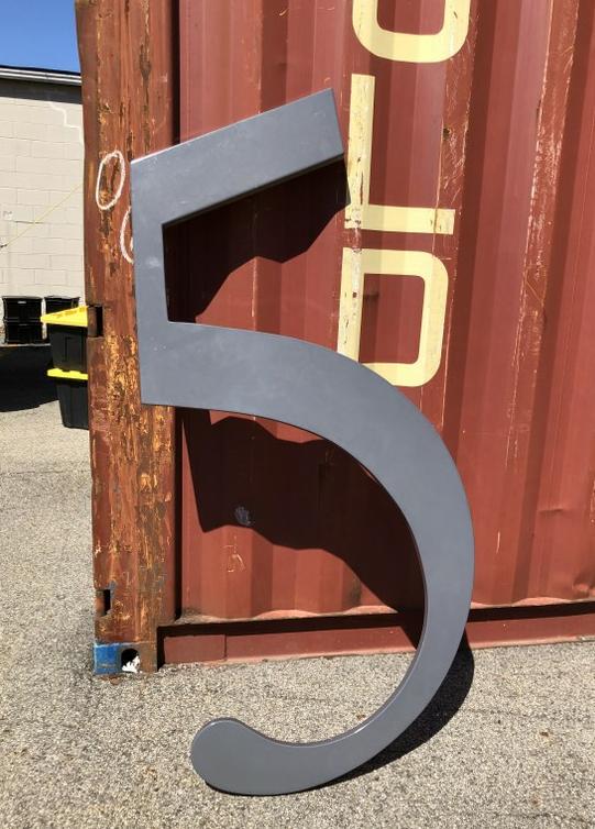 METAL ENAMELED NUMBER 5 WITH PLYWOOD BACK, GRAY PAINT,: METAL ENAMELED NUMBER 5 WITH PLYWOOD BACK, GRAY PAINT, MEASURES 67" X 35"