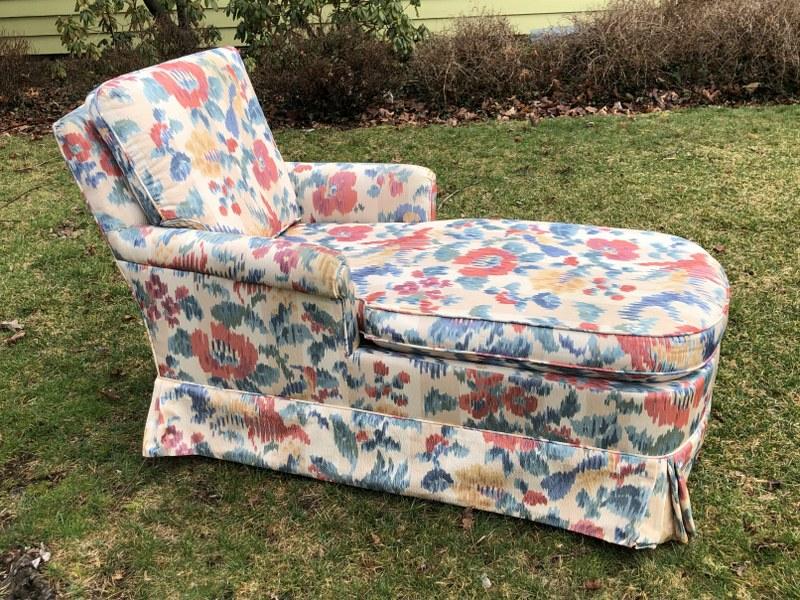 DECORATIVE 1960'S CHAISE, GOOD OVERALL CONDITION,: DECORATIVE 1960'S CHAISE, GOOD OVERALL CONDITION, MEASURES 57" LONG, 27" WIDE
