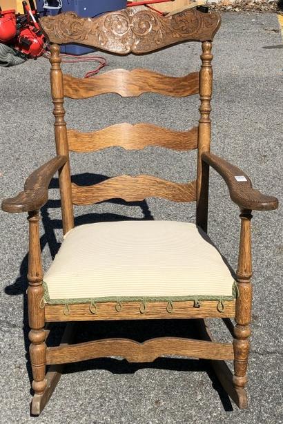 CIRCA 1900 CARVED OAK ROCKING CHAIR W/LION HEADS, (1 of 2)