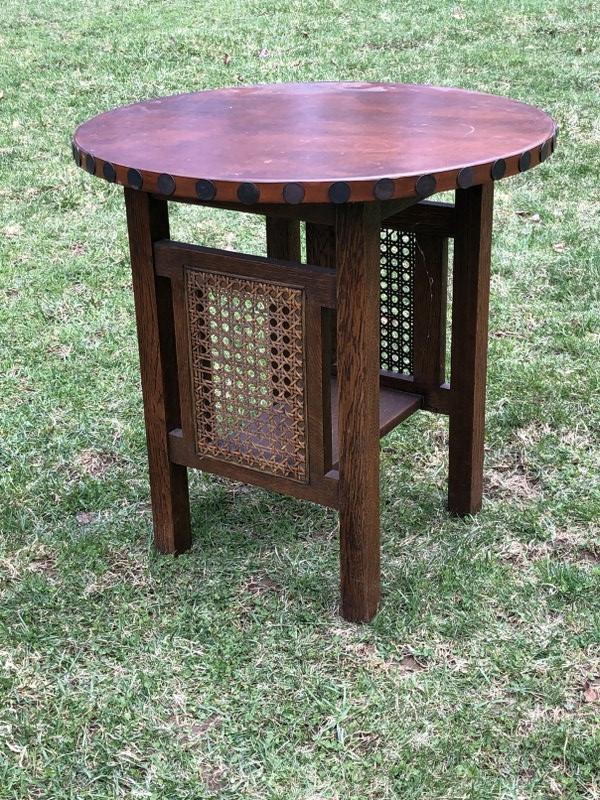 STICKLEY BROTHERS LEATHER TOP LAMP TABLE WITH CANED (1 of 5)