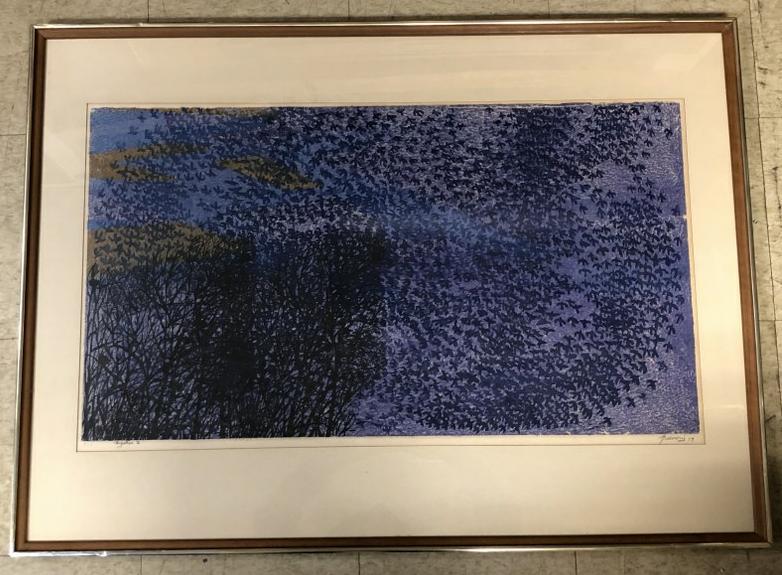 ANTONIO FRANSCONI (1919-2013) MID CENTURY WOODCUT: ANTONIO FRANSCONI (1919-2013) MID CENTURY WOODCUT TITLED ( MIGRATION VI ), 2 OF 20, SIGNED LOWER RIGHT, DATED 1959. IN MID CENTURY FRAME, VERY GOOD ESTATE CONDITION, WOODCUT MEASURES 20" X 35". FROM N