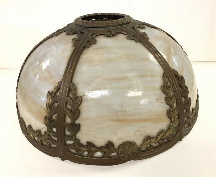 CIRCA 1910 CURVED SLAG GLASS TABLE LAMP SHADE, FROM THE (1 of 4)