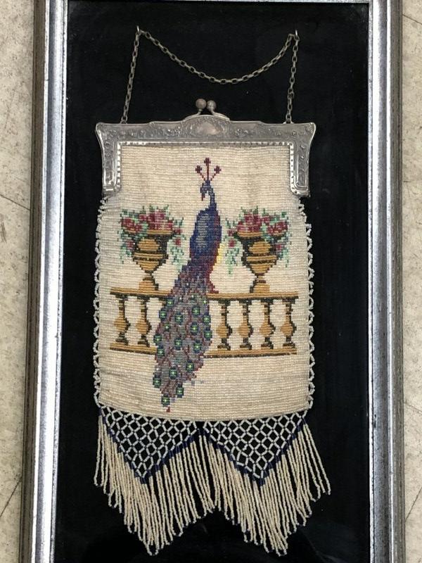 LARGE 1920'S BEADED BAG WITH PEACOCK ON RAILING WITH (1 of 2)