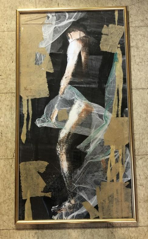 IMPRESSIONIST MIXED MEDIA COLLAGE OF NAKED MAN, FROM: IMPRESSIONIST MIXED MEDIA COLLAGE OF NAKED MAN, FROM NYC ESTATE OF A DESIGNER, WHO LIVED AND WORKED ABROAD. BACK MARKED AS PICTURED, IN GOLD FRAME, PIECE MEASURES 38" X 20". IN NICE ESTATE CONDITION,