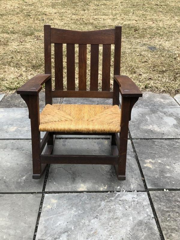 GUSTAV STICKLEY #311 VEE-BACK ROCKER WITH RUSH SEAT. (1 of 3)
