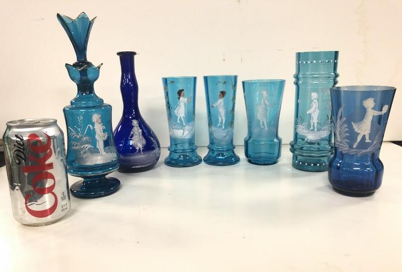 (7) PCS. MARY GREGORY VICTORIAN DECORATED BLUE GLASS, (1 of 6)