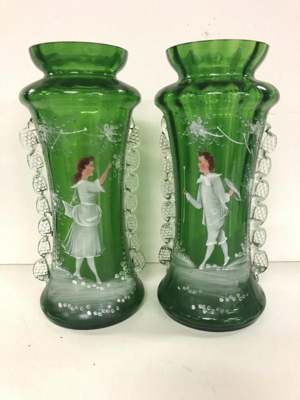 PR. VICTORIAN MARY GREGORY GREEN VASES WITH BOY & GIRL, (1 of 3)