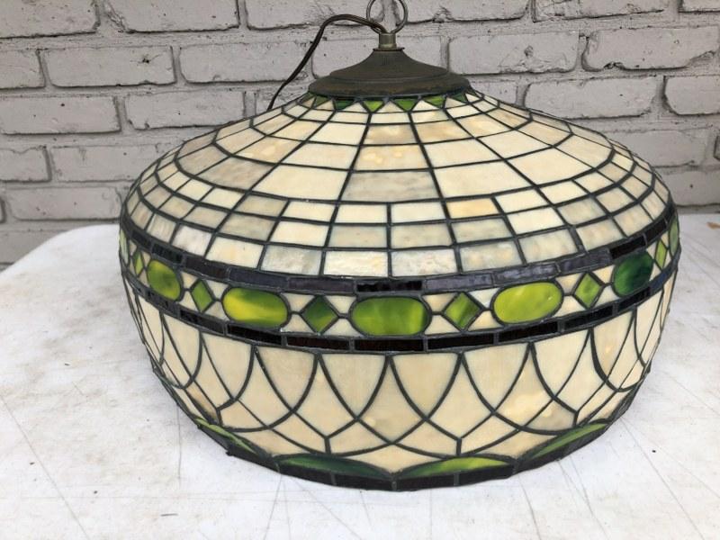 LARGE CIRCA 1910 LEADED GLASS HANGING DOME, FROM: LARGE CIRCA 1910 LEADED GLASS HANGING DOME, FROM BROOKYN, N.Y. ESTATE, A FEW MINOR HAIRLINES IN SMALLER PIECES, DOES NOT DETRACT FROM OVERALL APPEARANCE, WHEN LIT, LOOKS MAGNIFICENT. MEASURES 22" ACRO