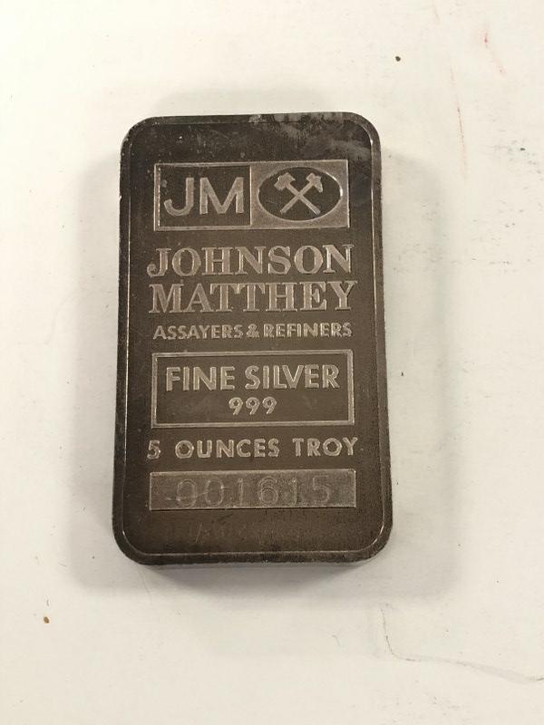 JOHNSON MATTHEY 999 SILVER BAR, 5 TROY OUNCES, FROM (1 of 2)