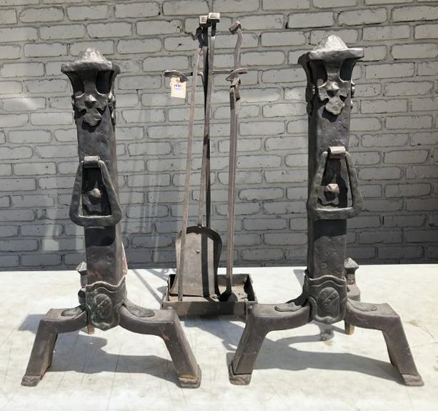 CIRCA 1910 ARTS & CRAFTS FIREPLACE ANDIRONS & TOOLS, (1 of 5)