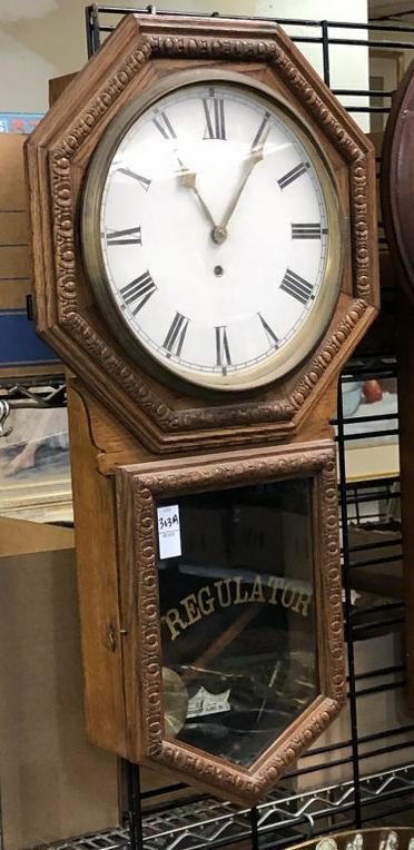 OAK REGULATOR WALL CLOCK 31.5" TOP TO BOTTOM.  HAS KEY (1 of 1)