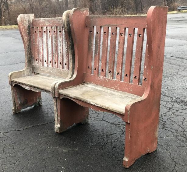 GREAT PAIR OF WEATHERED OAK BENCHES, W/TRACES OF RED & (1 of 5)