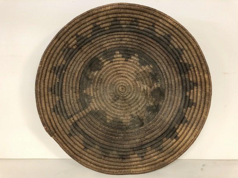 NATIVE AMERICAN BASKET OR LARGE BOWL, FROM OLDER HUDSON: NATIVE AMERICAN BASKET OR LARGE BOWL, FROM OLDER HUDSON VALLEY ESTATE, MEASURES 15" ACROSS. IN AS FOUND ESTATE CONDITION, SEE NO DAMAGE OR REPAIRS.