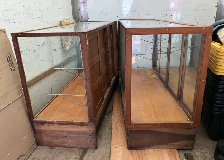 2 LARGE OAK FLOOR SHOWCASES W/MARBLE BASES IN FRONT, (1 of 5)