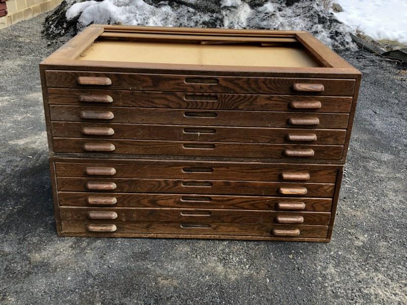 2 OAK STACKING FLAT FILE CABINETS, EACH SECTION HAS 5 (1 of 5)