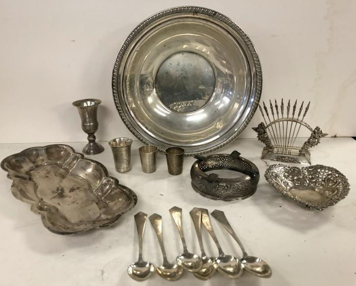 ESTATE LOT STERLING SILVER, LARGER BOWL IS OUT OF: ESTATE LOT STERLING SILVER, LARGER BOWL IS OUT OF ROUND, HEART TRAY IS GORHAM, LONG TRAY IS MADE BY ARROWSMITH, PIECE WITH DRAGONS & TOOTH PICKS IS MARKED 900, (9) TOOTH PICKS MARKED 875, (6) SPOONS M