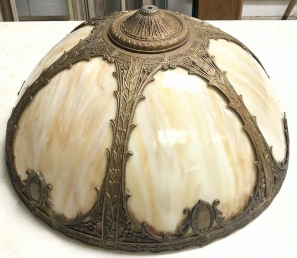 CIRCA 1910 SLAG GLASS TABLE LAMP SHADE, CURVED (1 of 4)