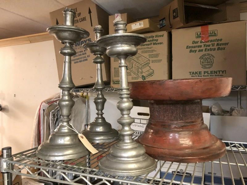 ESTATE LOT, (3) TALL PEWTER DECORATIVE CANDLESTICKS & (1 of 4)