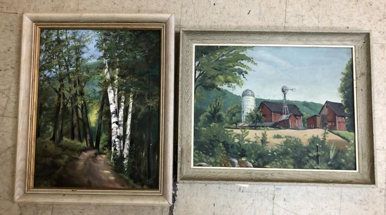 2 MID CENTURY O/B LANDSCAPES, ONE WITH A FARM, SIGNED (1 of 4)