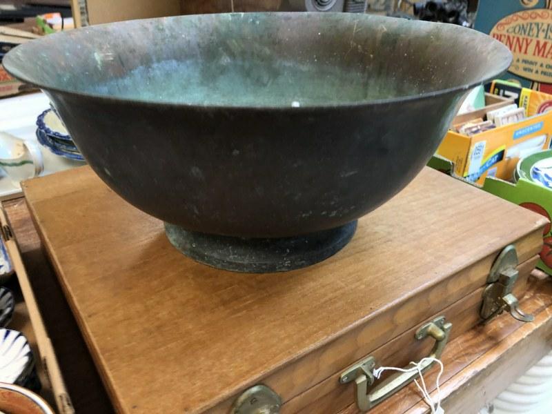 OLDER LARGE BRASS BOWL W/PATINA, MEASURES 16" ACROSS & (1 of 3)