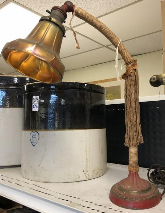 IRON GOOSENECK TABLE LAMP WRAPPED STRING AROUND BASE (1 of 1)