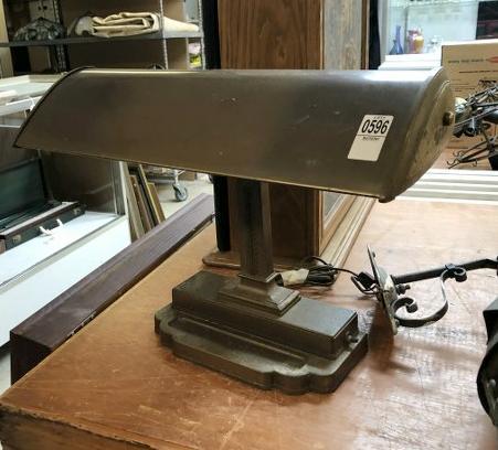 OLD BRASS DESK LAMP WITH PEN TRAY ON BASE, SHADE (1 of 2)